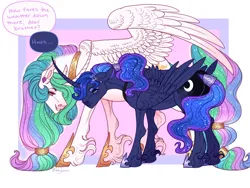Size: 1600x1200 | Tagged: safe, artist:snowberry, derpibooru import, princess celestia, princess luna, alicorn, pony, abstract background, curved horn, dialogue, duo, ear piercing, earring, ethereal mane, floppy ears, grumpy, height difference, horn, image, jewelry, long hair, long hair male, male, piercing, png, prince artemis, prince solaris, rear view, regalia, rule 63, siblings, spread wings, stallion, teasing, unshorn fetlocks, wings