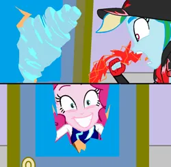 Size: 1148x1116 | Tagged: safe, artist:mlpandboboiboyfan, derpibooru import, pinkie pie, rainbow dash, equestria girls, boboiboy, boboiboy halilintar, boboiboy taufan, breaking, cap, clothes, crazy face, door, doorknob, drill, faic, g4, gloves, hat, here's johnny, image, lightning, paint, png, room, scared, screaming, smiley face, sword, the shining, weapon, wind