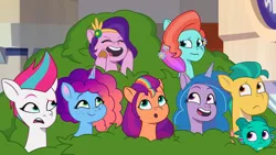 Size: 3072x1727 | Tagged: safe, derpibooru import, screencap, hitch trailblazer, izzy moonbow, pipp petals, sparky sparkeroni, sunny starscout, zipp storm, dragon, earth pony, pegasus, pony, unicorn, g5, my little pony: tell your tale, spoiler:g5, spoiler:my little pony: tell your tale, spoiler:tyts02e04, :o, applejack (g5), baby, baby dragon, cute, eyebrows, eyes closed, female, fluttershy (g5), frown, image, jazz hearts rocky, jazz hooves, jpeg, male, mane five, mane six (g5), mane stripe sunny, mare, misty brightdawn, mistybetes, open mouth, open smile, papa hitch, pinkie pie (g5), rainbow dash (g5), raised eyebrow, rarity (g5), rebirth misty, royal sisters (g5), siblings, sisters, smiling, stallion, twilight sparkle (g5)
