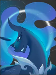 Size: 2048x2732 | Tagged: safe, artist:anekomori, derpibooru import, nightmare moon, princess luna, alicorn, pony, absurd resolution, blue eyes, blue mane, blushing, bust, crown, curved horn, cute, digital art, ethereal mane, eyelashes, eyeshadow, fangs, feather, female, flowing mane, g4, glow, glowing horn, gray background, happy, high res, hoof shoes, horn, image, jewelry, lidded eyes, looking at you, makeup, mare, moon, peytral, png, portrait, raised hoof, raised hooves, regalia, signature, simple background, smiling, smiling at you, solo, sparkles, spread wings, starry mane, stars, teeth, wings