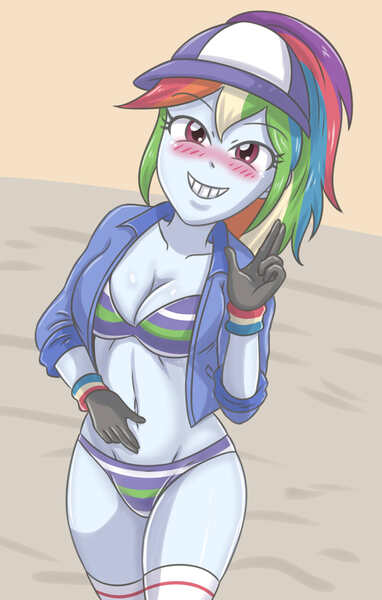 Size: 1818x2854 | Tagged: suggestive, artist:sumin6301, derpibooru import, rainbow dash, human, equestria girls, 2d, belly button, blushing, breasts, busty rainbow dash, cap, cleavage, clothes, female, g4, gloves, hat, image, jacket, jpeg, legs, long sleeves, looking at you, midriff, panties, pockets, smiling, smiling at you, socks, solo, striped bra, striped panties, striped underwear, thigh highs, thighs, underwear, wrist cuffs