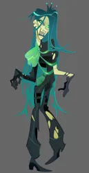 Size: 1020x1980 | Tagged: safe, artist:lizkaintrash, derpibooru import, queen chrysalis, human, clothes, female, g4, gloves, gray background, humanized, image, jpeg, pants, shoes, simple background, smiling, solo, standing