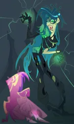 Size: 1229x2048 | Tagged: safe, artist:lizkaintrash, derpibooru import, princess cadance, queen chrysalis, human, clothes, duo, duo female, fangs, female, g4, gloves, humanized, image, jpeg, looking down, magic, pants, shoes, smiling