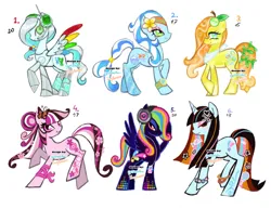 Size: 640x493 | Tagged: safe, artist:eyerealm, artist:junglicious64, derpibooru import, oc, unofficial characters only, earth pony, pegasus, pony, robot, robot pony, unicorn, adoptable, bracelet, coat markings, group, hair accessory, hime cut, image, jewelry, long hair, png, raised hoof, simple background, smiling, webcore, white background