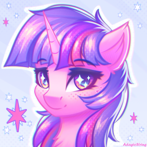 Size: 2000x2000 | Tagged: safe, artist:adagiostring, derpibooru import, twilight sparkle, twilight sparkle (alicorn), alicorn, pony, bust, cute, cutie mark, female, freckles, happy, image, looking at you, mare, png, portrait, smiling, smiling at you, solo, solo focus, sparkles