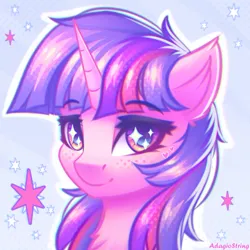 Size: 2000x2000 | Tagged: safe, artist:adagiostring, derpibooru import, twilight sparkle, twilight sparkle (alicorn), alicorn, pony, bust, cute, cutie mark, female, freckles, happy, image, looking at you, mare, png, portrait, smiling, smiling at you, solo, solo focus, sparkles