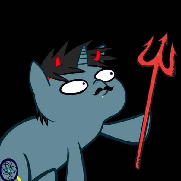 Size: 666x666 | Tagged: safe, artist:pshyzomancer, derpibooru import, oc, oc:dream catcher, unofficial characters only, pony, unicorn, 666, black background, clothes, costume, devil costume, devil horns, fake moustache, fangs, horns, image, pitchfork, png, simple background, solo