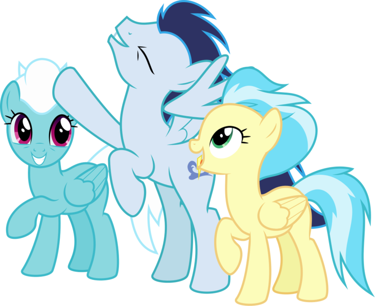 Size: 1047x856 | Tagged: safe, artist:sollace, derpibooru import, fleetfoot, misty fly, soarin', pegasus, pony, grannies gone wild, .svg available, bipedal, cute, derpibooru exclusive, eyes closed, female, g4, happy, image, male, mare, open mouth, png, simple background, smiling, spread wings, stallion, transparent background, trio, vector, wings