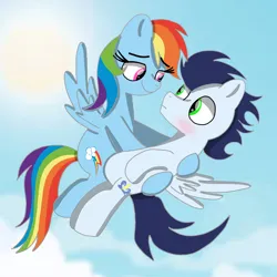 Size: 1400x1400 | Tagged: safe, artist:mrsdashskies, derpibooru import, rainbow dash, soarin', pegasus, pony, blushing, carrying, female, flying, image, looking at each other, looking at someone, male, mare, png, shipping, soarindash, stallion, straight