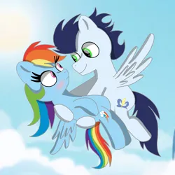 Size: 1400x1400 | Tagged: safe, artist:mrsdashskies, derpibooru import, rainbow dash, soarin', pegasus, pony, blushing, carrying, female, flying, image, looking at each other, looking at someone, male, mare, png, shipping, soarindash, stallion, straight