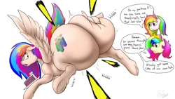 Size: 2560x1440 | Tagged: suggestive, artist:tracerpainter, derpibooru import, oc, oc:rainbow candy, oc:rainbow tashie, pony, butt, butt expansion, commissioner:bigonionbean, fusion, growth, high res, huge butt, image, impossibly large butt, large butt, plot, png, simple background, the ass was fat