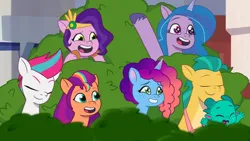 Size: 3072x1727 | Tagged: safe, derpibooru import, screencap, hitch trailblazer, izzy moonbow, pipp petals, sparky sparkeroni, sunny starscout, zipp storm, dragon, earth pony, pegasus, pony, unicorn, g5, my little pony: tell your tale, spoiler:g5, spoiler:my little pony: tell your tale, spoiler:tyts02e04, applejack (g5), baby, baby dragon, cute, eyes closed, female, fluttershy (g5), grin, image, jazz hearts rocky, jpeg, male, mane five, mane six (g5), mane stripe sunny, mare, misty brightdawn, open mouth, open smile, papa hitch, pinkie pie (g5), rainbow dash (g5), rarity (g5), rebirth misty, royal sisters (g5), siblings, sisters, smiling, sparkybetes, stallion, starry eyes, twilight sparkle (g5), wingding eyes