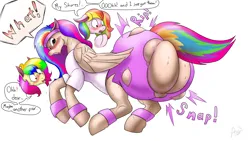 Size: 2560x1440 | Tagged: suggestive, artist:tracerpainter, derpibooru import, oc, oc:rainbow candy, oc:rainbow tashie, pony, butt, butt expansion, commissioner:bigonionbean, fusion, growth, high res, huge butt, image, impossibly large butt, large butt, plot, png, simple background, the ass was fat