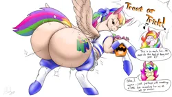 Size: 2560x1440 | Tagged: suggestive, artist:tracerpainter, derpibooru import, oc, oc:rainbow candy, oc:rainbow tashie, pony, butt, butt expansion, commissioner:bigonionbean, fusion, growth, high res, huge butt, image, impossibly large butt, large butt, plot, png, simple background, the ass was fat
