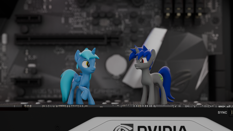 Size: 1920x1080 | Tagged: safe, artist:bronydj, derpibooru import, oc, oc:enigan, oc:sinecrass, unofficial characters only, alicorn, pony, unicorn, 3d, blender, blurry background, computer, duo, graphics card, image, male, motherboard, nvidia, pc, pci, pci express, png, stallion