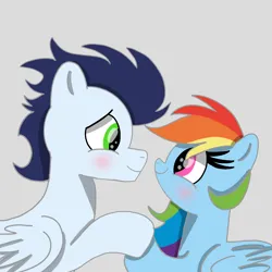 Size: 1400x1400 | Tagged: safe, artist:mrsdashskies, derpibooru import, rainbow dash, soarin', pegasus, pony, blushing, female, holding hooves, image, looking at each other, looking at someone, male, mare, png, shipping, smiling, smiling at each other, soarindash, stallion, straight