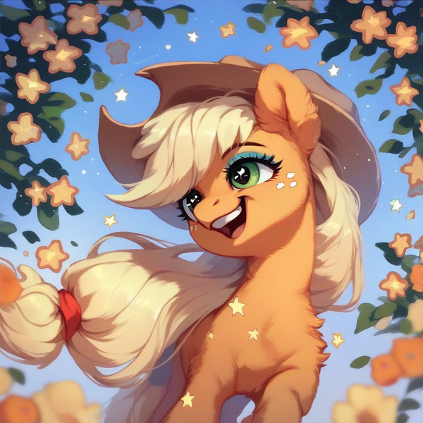 Size: 1024x1024 | Tagged: safe, ai content, derpibooru import, machine learning assisted, machine learning generated, stable diffusion, applejack, earth pony, pony, applejack's hat, beautiful, blue background, cowboy hat, cute, ear fluff, flower, fluffy, g4, generator:purplesmart.ai, green eyes, happy, hat, image, leaf, long hair, png, prompter:saltyvity, simple background, sky, smiley face, smiling, solo, stars, yellow mane