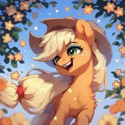 Size: 1024x1024 | Tagged: safe, ai content, derpibooru import, machine learning assisted, machine learning generated, stable diffusion, applejack, earth pony, pony, applejack's hat, beautiful, blue background, cowboy hat, cute, ear fluff, flower, fluffy, g4, generator:purplesmart.ai, green eyes, happy, hat, image, leaf, long hair, png, prompter:saltyvity, simple background, sky, smiley face, smiling, solo, stars, yellow mane
