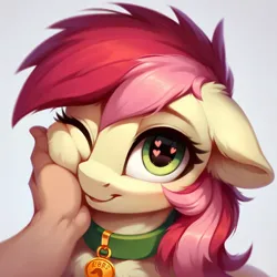 Size: 1024x1024 | Tagged: safe, ai content, derpibooru import, machine learning generated, prompter:doom9454, stable diffusion, roseluck, human, pony, behaving like a cat, bust, collar, cute, fluffy, generator:pony diffusion v6 xl, generator:purplesmart.ai, hand, image, looking at you, offscreen character, offscreen human, one eye closed, pet tag, petting, png, pony pet, portrait, rosepet, wingding eyes