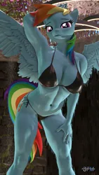 Size: 1080x1920 | Tagged: suggestive, artist:anthroponiessfm, derpibooru import, rainbow dash, anthro, 3d, arm behind head, armpits, bikini, breasts, busty rainbow dash, cleavage, clothes, female, image, looking at you, muscles, png, sexy, solo, solo female, source filmmaker, spread legs, spreading, swimsuit