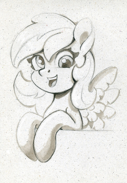 Size: 691x1000 | Tagged: safe, artist:maytee, derpibooru import, derpy hooves, pegasus, pony, bust, g4, image, jpeg, monochrome, portrait, smiling, solo, traditional art