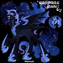 Size: 1000x1000 | Tagged: safe, artist:kazmuun, derpibooru import, nightmare moon, pony, black background, concave belly, ethereal mane, ethereal tail, helmet, hoof shoes, image, long mane, long tail, partially open wings, peytral, png, princess shoes, simple background, slender, solo, tail, thin, wings