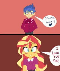 Size: 2100x2510 | Tagged: safe, artist:qsky, derpibooru import, flash sentry, sunset shimmer, equestria girls, blushing, female, flashimmer, image, male, png, shipping, straight, text