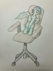 Size: 1536x2048 | Tagged: safe, artist:initials_eve, derpibooru import, oc, oc:light touch, unofficial characters only, pegasus, chair, colored pencil drawing, having fun, image, jpeg, office chair, property damage, requested art, sharp teeth, small pony, smiling, standing on a chair, standing on two hooves, teeth, traditional art