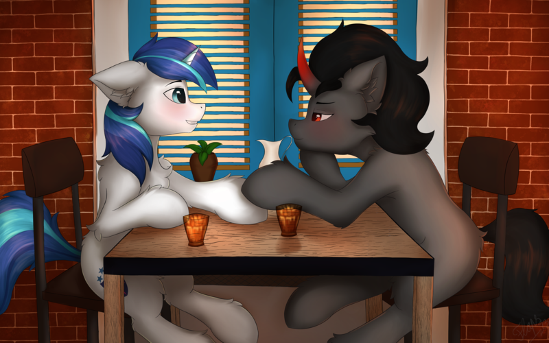 Size: 4618x2888 | Tagged: safe, artist:flapstune, derpibooru import, king sombra, shining armor, pony, blushing, cafe, chair, chest fluff, ear fluff, gay, glass, image, infidelity, looking at each other, looking at someone, male, png, ship:shiningsombra, shipping, sitting, stallion, table, window
