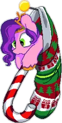 Size: 1088x2160 | Tagged: safe, artist:epicvon, artist:mochi_nation, derpibooru import, editor:chssam, pipp petals, pegasus, pony, g5, candy, candy cane, christmas, christmas stocking, diadem, female, food, high res, holiday, image, jewelry, manepxls, mare, open mouth, pipp is smol, pixel art, png, pxls.space, regalia, simple background, solo, transparent background, unshorn fetlocks