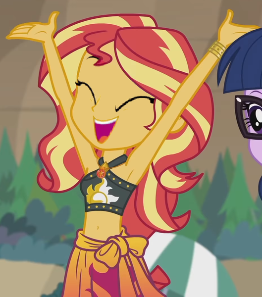 Size: 930x1054 | Tagged: safe, anonymous artist, anonymous editor, derpibooru import, edit, edited screencap, screencap, sunset shimmer, human, equestria girls, armpits, arms in the air, cropped, g4, image, png