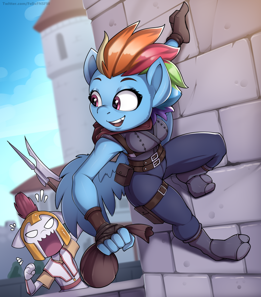 Size: 3058x3472 | Tagged: safe, artist:felixf, derpibooru import, rainbow dash, anthro, pegasus, angry, bag, belt, belts, big breasts, big head, breasts, busty rainbow dash, castle, clothes, fantasy class, female, fingerless gloves, gloves, helmet, holding, image, looking back, male, png, royal guard, smiling, wall running
