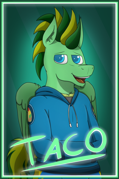 Size: 4000x6000 | Tagged: safe, artist:tacomytaco, derpibooru import, oc, oc:taco.m.tacoson, unofficial characters only, pegasus, pony, badge, bipedal, clothes, con badge, gradient background, hoodie, image, looking at you, male, png, shorts, smiling, text