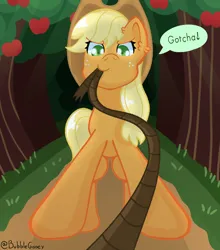 Size: 2200x2500 | Tagged: safe, artist:bubblegooey, derpibooru import, applejack, earth pony, pony, apple, apple tree, blonde, blonde hair, blonde mane, cowboy hat, cute, dirt, ear fluff, female, food, forest, forest background, freckles, g4, glow, glowing eyes, grass, green eyes, hat, high res, image, jackabetes, lasso, looking at you, looking down, looking down at you, mare, mouth hold, nature, offscreen character, orange coat, path, perspective, png, pov, rope, signature, smiling, smiling at you, smug, smugjack, solo, speech bubble, text, tree, viewer on leash
