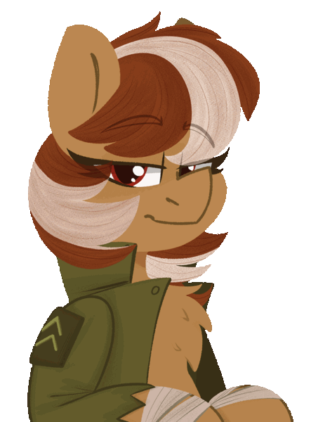 Size: 738x1000 | Tagged: safe, artist:modularpon, derpibooru import, oc, oc:roulette, unofficial characters only, earth pony, pony, fallout equestria, animated, blinking, chest fluff, clothes, commission, ear twitch, female, gif, image, jacket, mare, simple background, smug, talking, talking to viewer, transparent background