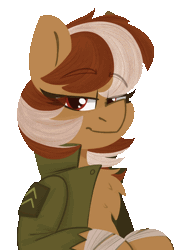 Size: 738x1000 | Tagged: safe, artist:modularpon, derpibooru import, oc, oc:roulette, unofficial characters only, earth pony, pony, fallout equestria, animated, blinking, chest fluff, clothes, commission, ear twitch, female, gif, image, jacket, mare, simple background, smug, talking, talking to viewer, transparent background