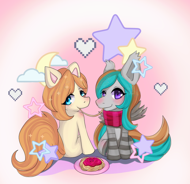 Size: 699x676 | Tagged: safe, artist:eeviejeebies, derpibooru import, oc, oc:copper moon, oc:silver star, unofficial characters only, bat pony, earth pony, pony, clothes, duo, food, image, pasta, png, scarf, socks, spaghetti, thigh highs