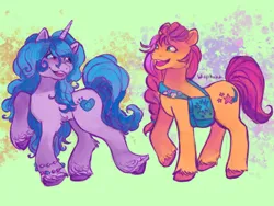 Size: 540x405 | Tagged: safe, artist:wisphunt, derpibooru import, izzy moonbow, sunny starscout, earth pony, pony, unicorn, g5, bag, bracelet, colored hooves, duo, duo female, female, green background, headcanon, image, jewelry, lesbian pride flag, looking at each other, looking at someone, mare, open mouth, pins, png, pride, pride flag, raised hoof, sexuality headcanon, simple background, smiling, smiling at each other, unshorn fetlocks