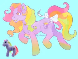 Size: 640x480 | Tagged: safe, artist:wisphunt, derpibooru import, rainbow swirl, earth pony, pony, g3, blue background, bow, female, gradient hooves, image, mare, open mouth, png, raised hoof, simple background, solo, tail, tail bow