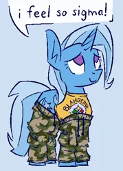 Size: 717x999 | Tagged: safe, artist:skookz, derpibooru import, trixie, pony, unicorn, camouflage, clothes, female, image, mare, pants, png, shirt, sigma, simple background, solo, speech bubble, t-shirt, text