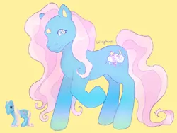 Size: 640x480 | Tagged: safe, artist:wisphunt, derpibooru import, dream blue, pony, g3, coat markings, facial markings, female, gradient hooves, image, mare, png, raised hoof, simple background, smiling, solo, star (coat marking), wingding eyes, yellow background