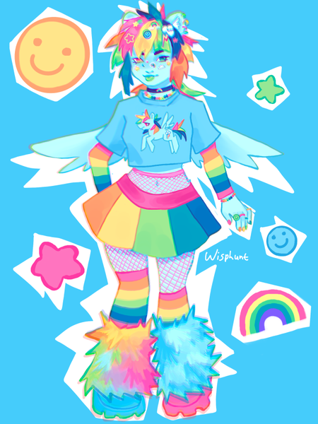 Size: 640x853 | Tagged: safe, artist:wisphunt, derpibooru import, rainbow dash, human, equestria girls, blue background, bracelet, choker, clothes, decora, fishnets, g4, humanized, image, jewelry, leg warmers, necklace, painted nails, png, ring, shirt, simple background, skirt, smiling, sticker, tongue out, winged humanization, wings