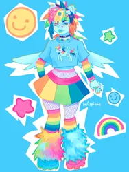 Size: 640x853 | Tagged: safe, artist:wisphunt, derpibooru import, rainbow dash, human, equestria girls, blue background, bracelet, choker, clothes, decora, fishnets, g4, humanized, image, jewelry, leg warmers, necklace, painted nails, png, ring, shirt, simple background, skirt, smiling, sticker, tongue out, winged humanization, wings