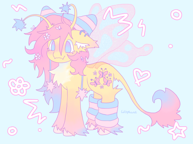 Size: 640x480 | Tagged: safe, artist:wisphunt, derpibooru import, fluttershy, butterfly, butterfly pony, hybrid, insect, pegasus, pony, alternate design, antennae, blue background, blushing, chest fluff, clothes, colored hooves, ear fluff, ear piercing, earring, fangs, female, floppy ears, flower, flower in hair, g4, gradient mane, gradient tail, hat, image, jewelry, leg warmers, leonine tail, mare, pale belly, piercing, png, simple background, smiling, solo, tail, unshorn fetlocks