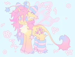 Size: 640x480 | Tagged: safe, artist:wisphunt, derpibooru import, fluttershy, butterfly, butterfly pony, hybrid, insect, pegasus, pony, alternate design, antennae, blue background, blushing, chest fluff, clothes, colored hooves, ear fluff, ear piercing, earring, fangs, female, floppy ears, flower, flower in hair, g4, gradient mane, gradient tail, hat, image, jewelry, leg warmers, leonine tail, mare, pale belly, piercing, png, simple background, smiling, solo, tail, unshorn fetlocks