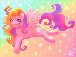 Size: 640x480 | Tagged: safe, artist:wisphunt, derpibooru import, rainbow flash, pegasus, pony, g3, alternate design, female, flying, gradient background, hoof heart, hooves in air, image, looking up, mare, open mouth, png, rainbow background, smiling, solo, sparkles, stars, underhoof, wingding eyes