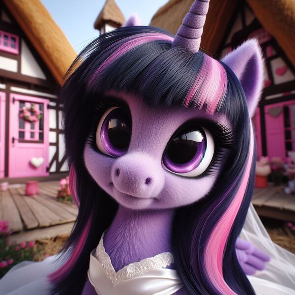 Size: 1024x1024 | Tagged: safe, ai content, machine learning generated, ponerpics import, ponybooru import, twilight sparkle, twilight sparkle (alicorn), alicorn, pony, bing, clothes, dress, female, fluffy, image, jpeg, mare, ponyville, solo, wedding dress