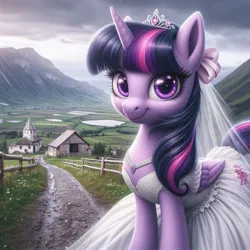Size: 1024x1024 | Tagged: safe, ai content, machine learning generated, ponerpics import, ponybooru import, twilight sparkle, twilight sparkle (alicorn), alicorn, pony, bing, clothes, dress, female, image, jpeg, looking at you, mare, outdoors, rain, smiling, smiling at you, wedding dress