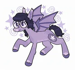 Size: 2524x2352 | Tagged: safe, artist:apples823, derpibooru import, oc, unofficial characters only, bat pony, bat pony oc, bat wings, colored hooves, fangs, frown, glasses, image, jpeg, simple background, solo, spread wings, stars, swirls, unshorn fetlocks, white background, wings