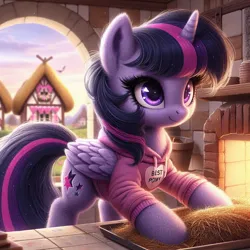 Size: 1024x1024 | Tagged: safe, ai content, machine learning generated, ponerpics import, ponybooru import, twilight sparkle, twilight sparkle (alicorn), alicorn, pony, alternate cutie mark, best pony, bing, clothes, female, folded wings, hay, hoodie, image, jpeg, mare, oven, ponyville, solo, wings